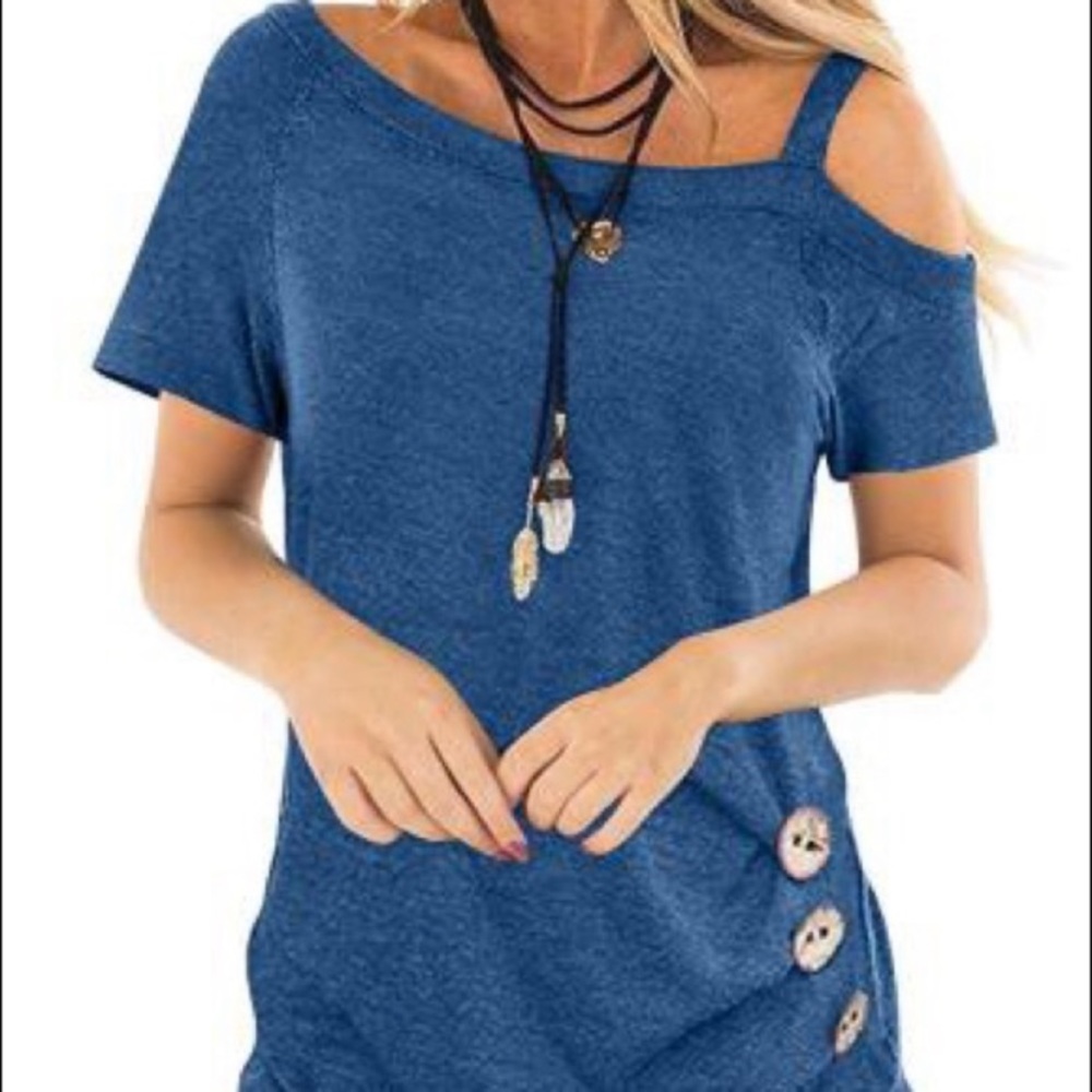 New Medium Blue Sling Short Sleeve Casual Buttoned Top